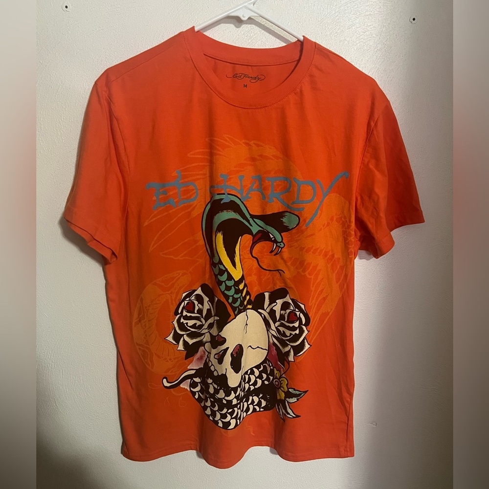 ED HARDY Classic Rose Cobra Graphic Streetwear T Shirt Orange‎ Blue Men's Size M
